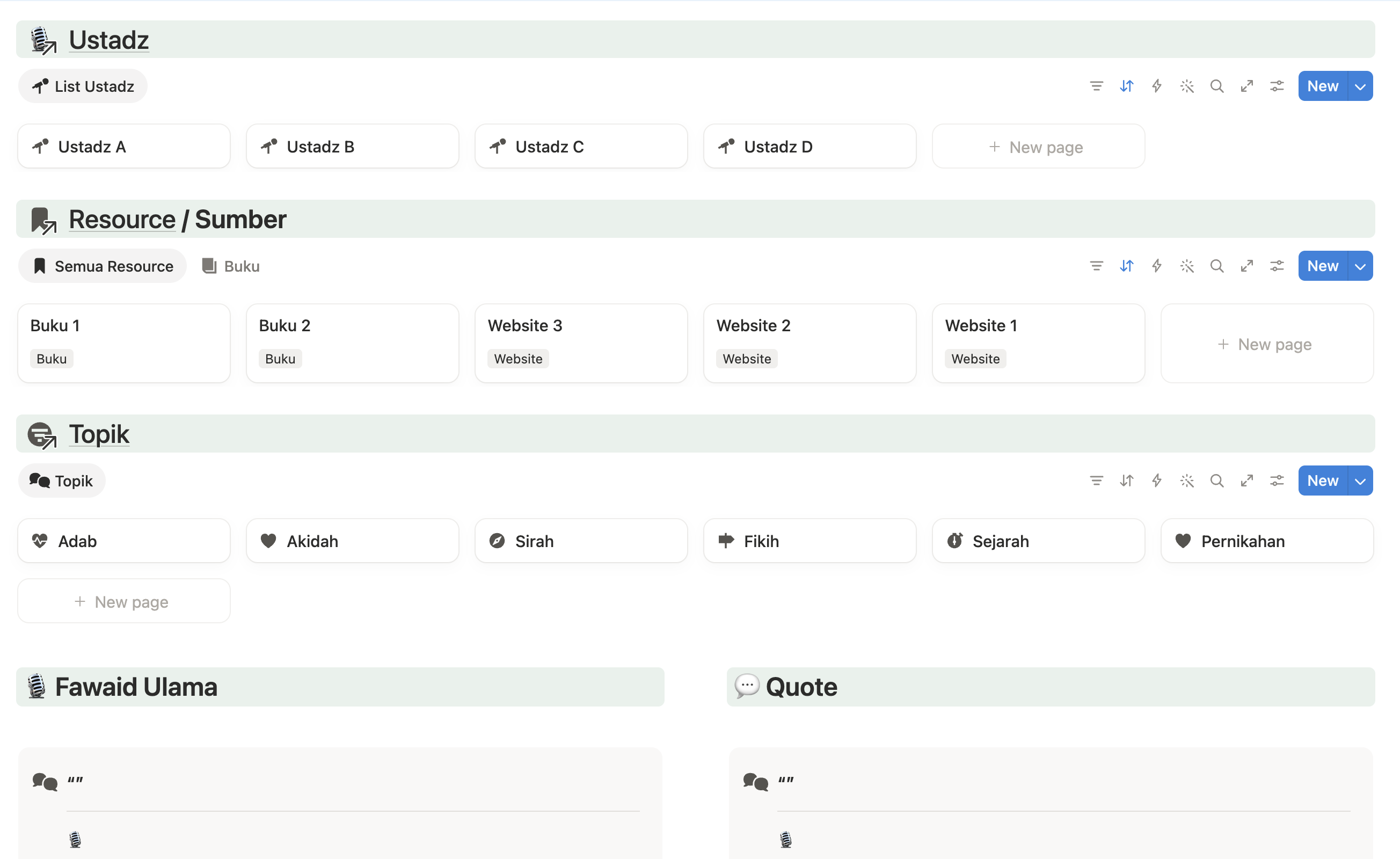 Database Ustadz, Resource, Topik, Fawaid Ulama, dan Quote di template All-in-one Catatan Kajian
