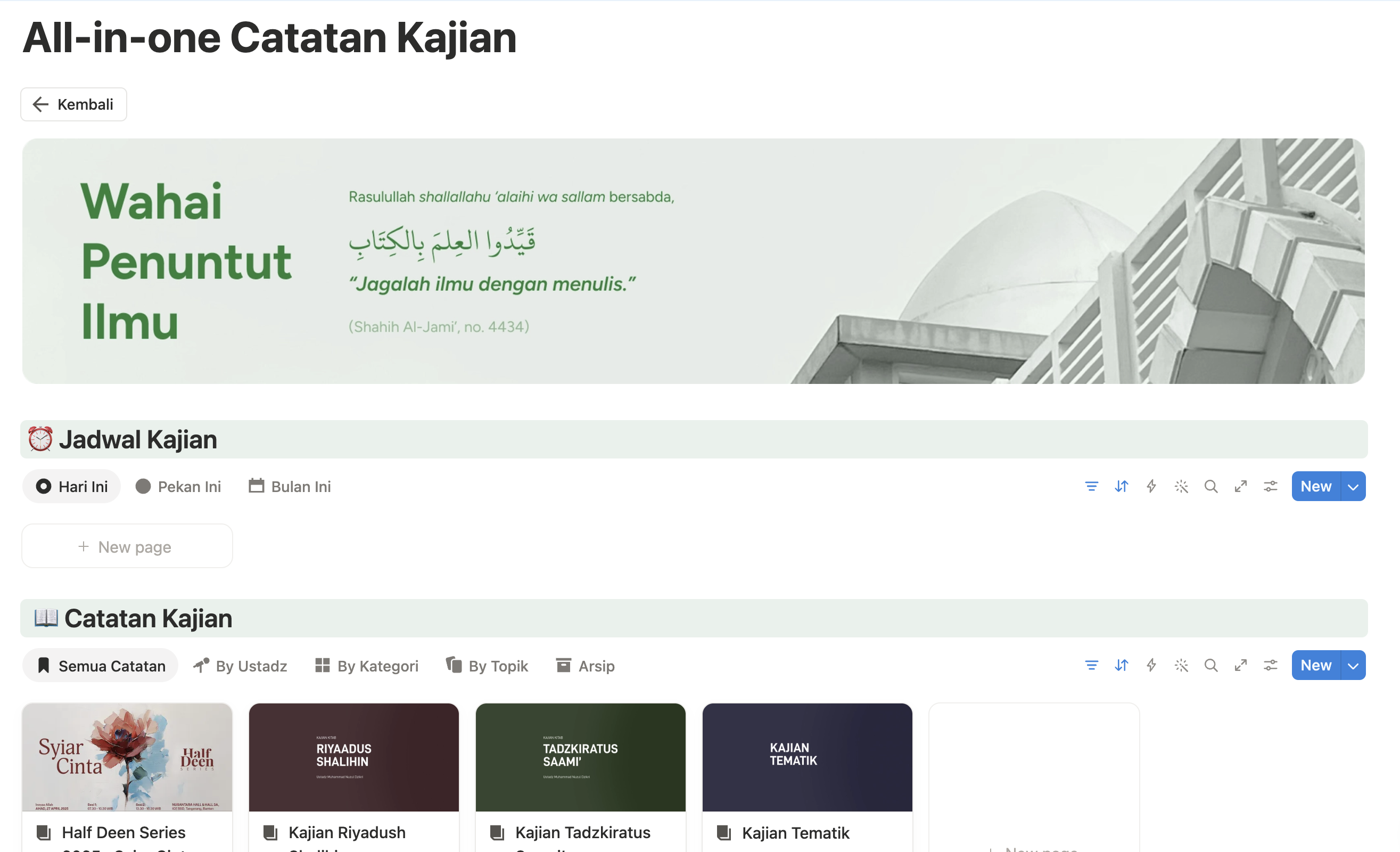 Dashboard Jadwal Kajian dan Catatan Kajian di template All-in-one Catatan Kajian