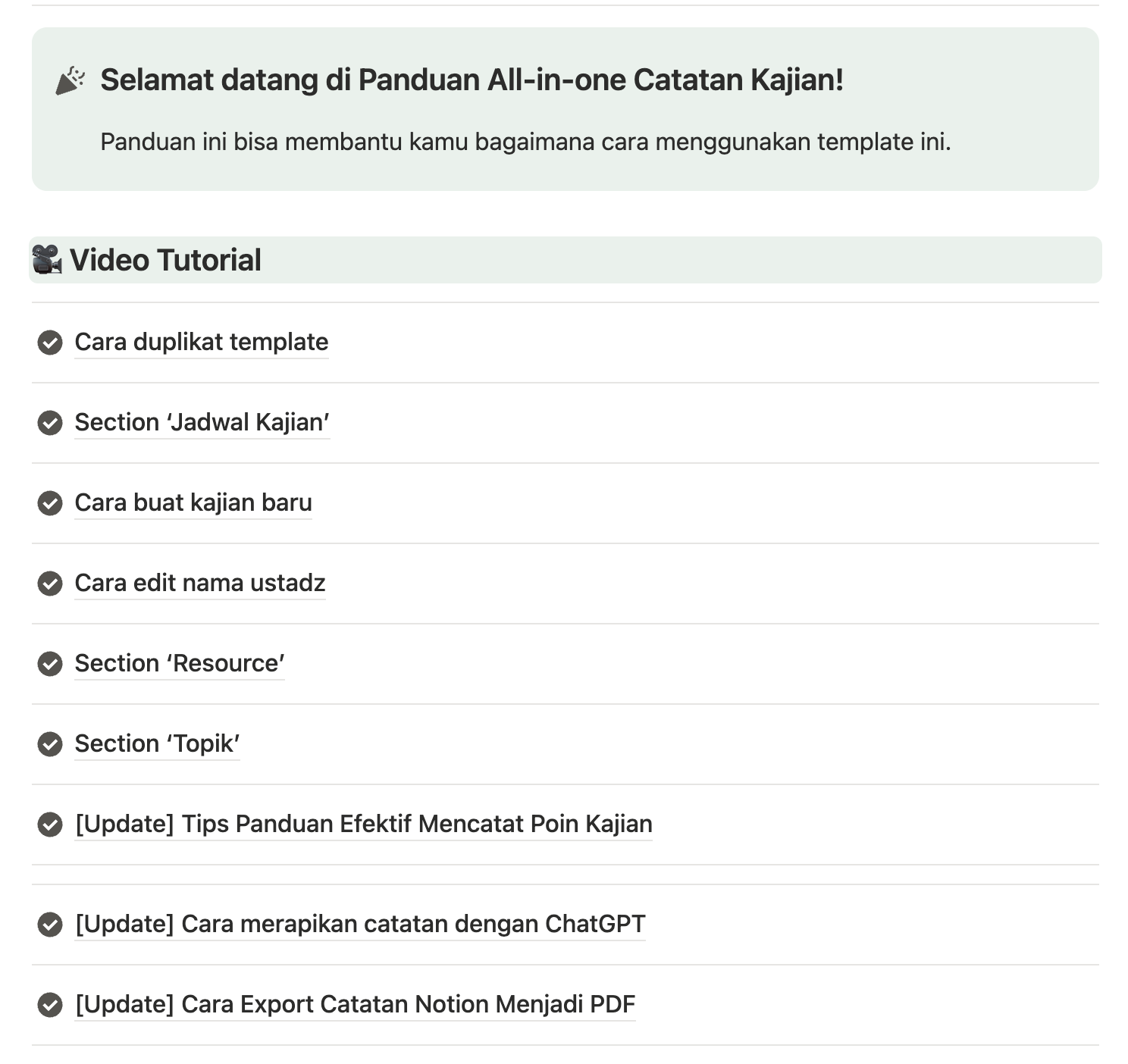 Daftar video tutorial cara penggunaan template All-in-one Catatan Kajian