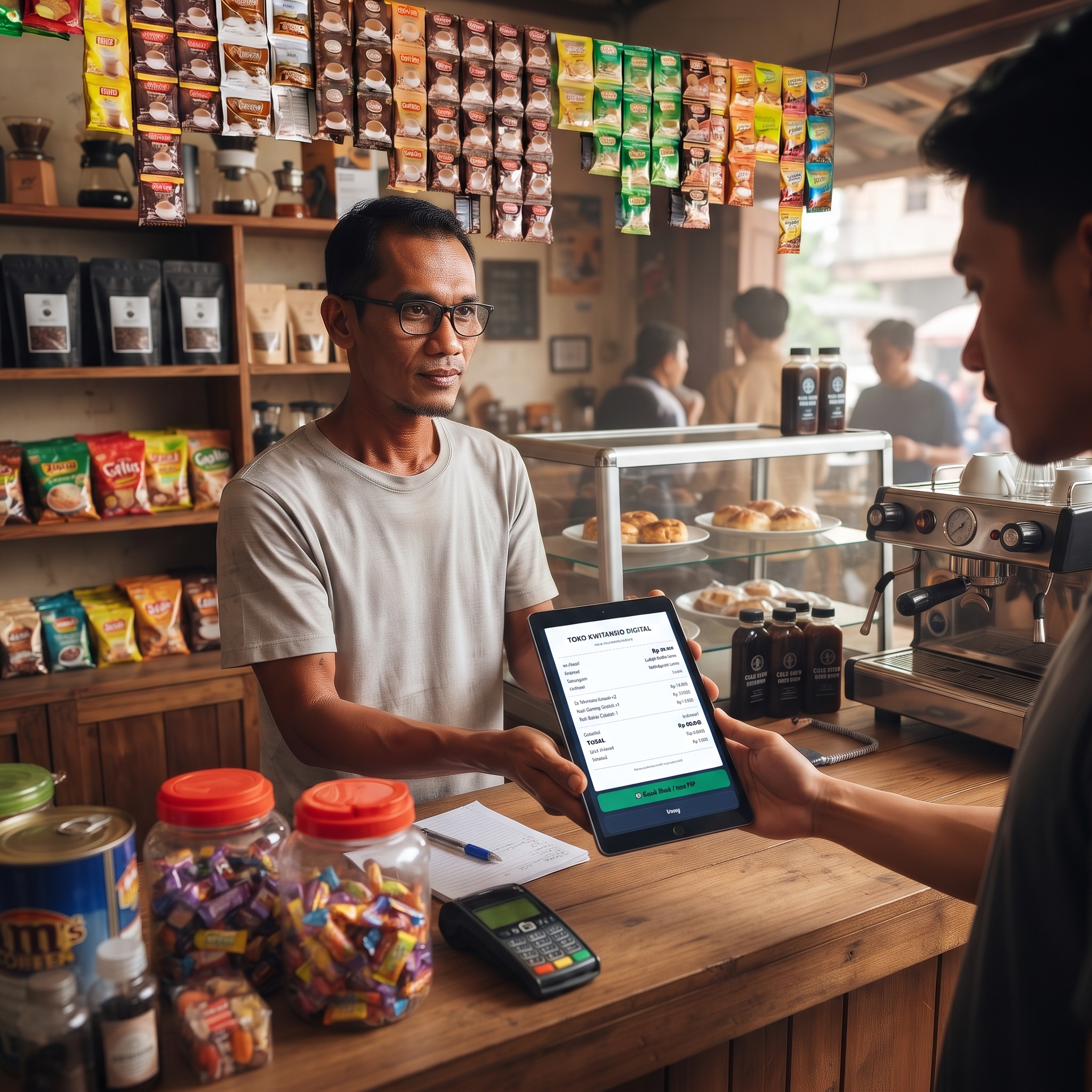 Pemilik toko menunjukkan nota transaksi Kwitansio di tablet ke pelanggan
