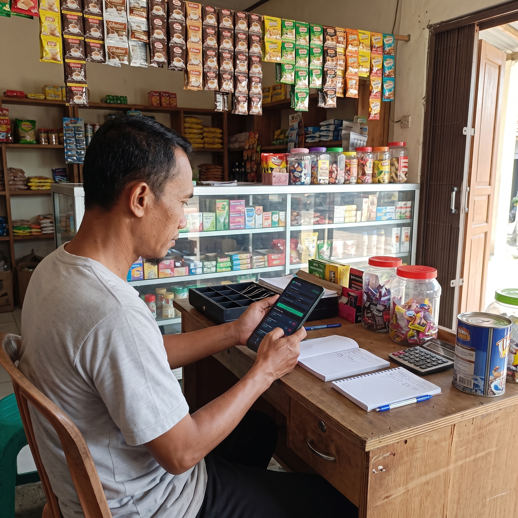 Pemilik warung memakai katalog produk Kwitansio di HP