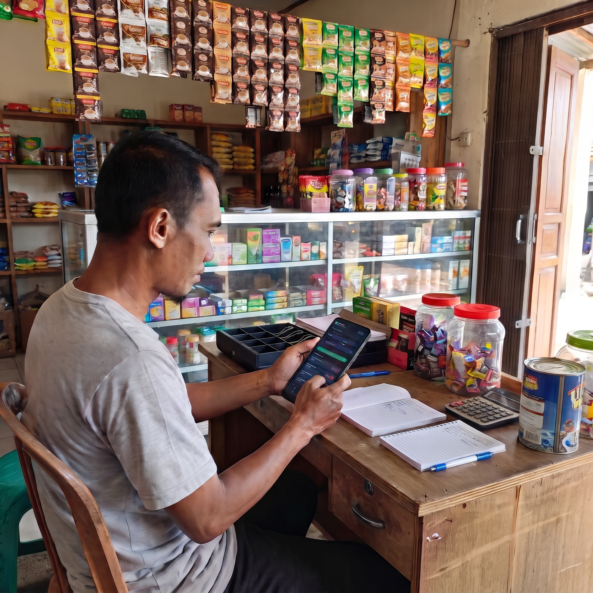 Pemilik warung memantau omzet di Kwitansio lewat HP